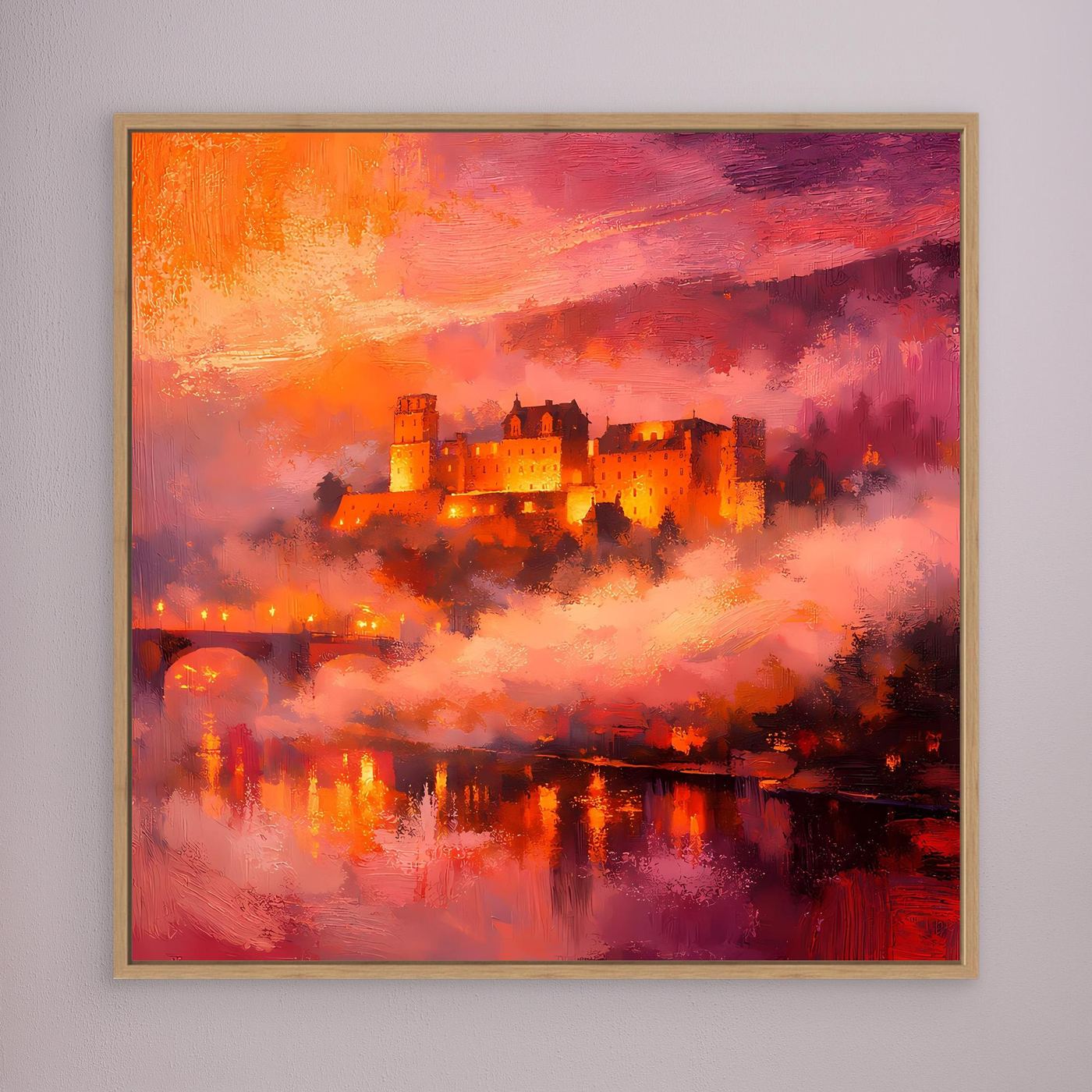 Premium Leinwand Imposantes Schloss im Abendrot | Abstraktes Castle Wandbild in feurigen Farben