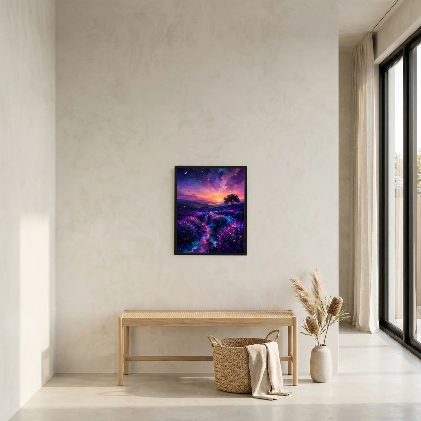 Kleines Hochformat-Poster im schwarzen Rahmen mit Lavendelfeld in Violett und Blau