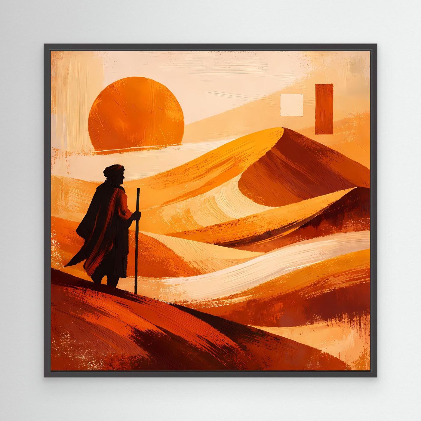 Abstraktes Leinwandbild mit Wüstenlandschaft im schwarzen Rahmen: orange Sonne, Figur mit Stab