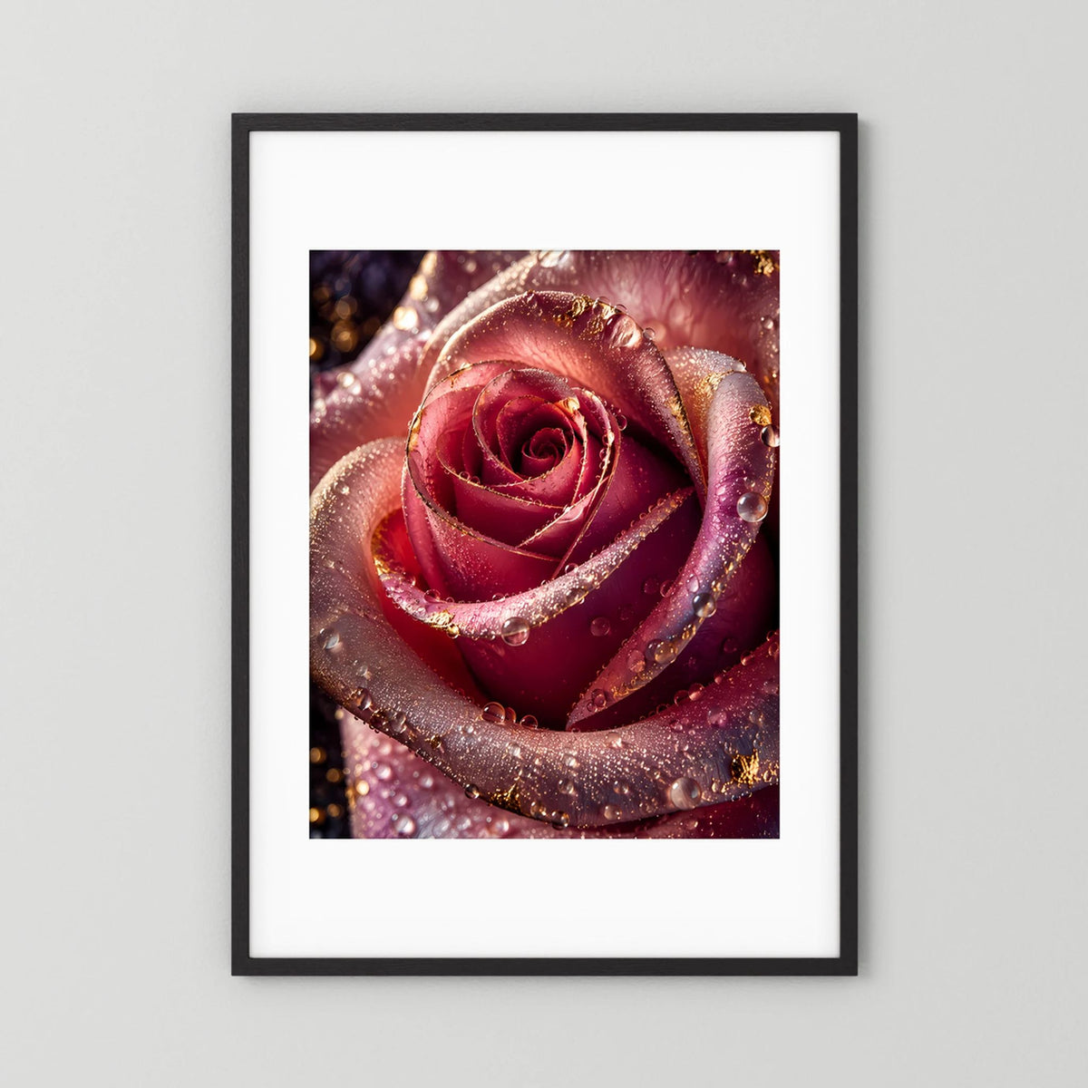 Hochformat-Poster mit roter Rose, Goldakzenten und Wassertropfen im schwarzen Rahmen