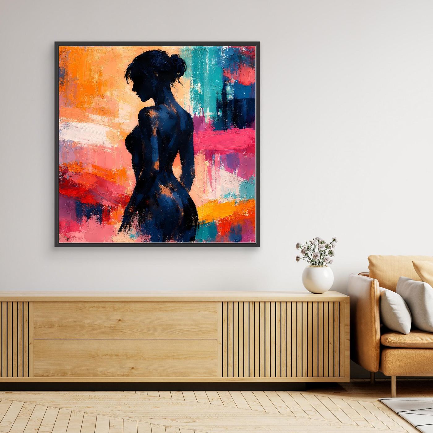 Gerahmtes Leinwand-Wandbild: abstrakte Frauensilhouette, bunte Farbflächen, schwarzer Rahmen