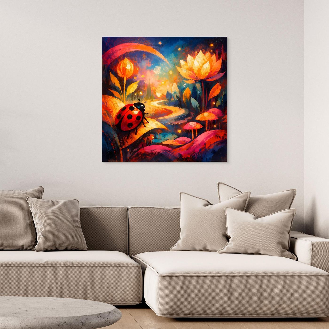 Wandbild mit Marienkäfer auf leuchtendem Blumenpfad, schwarze Einfassung