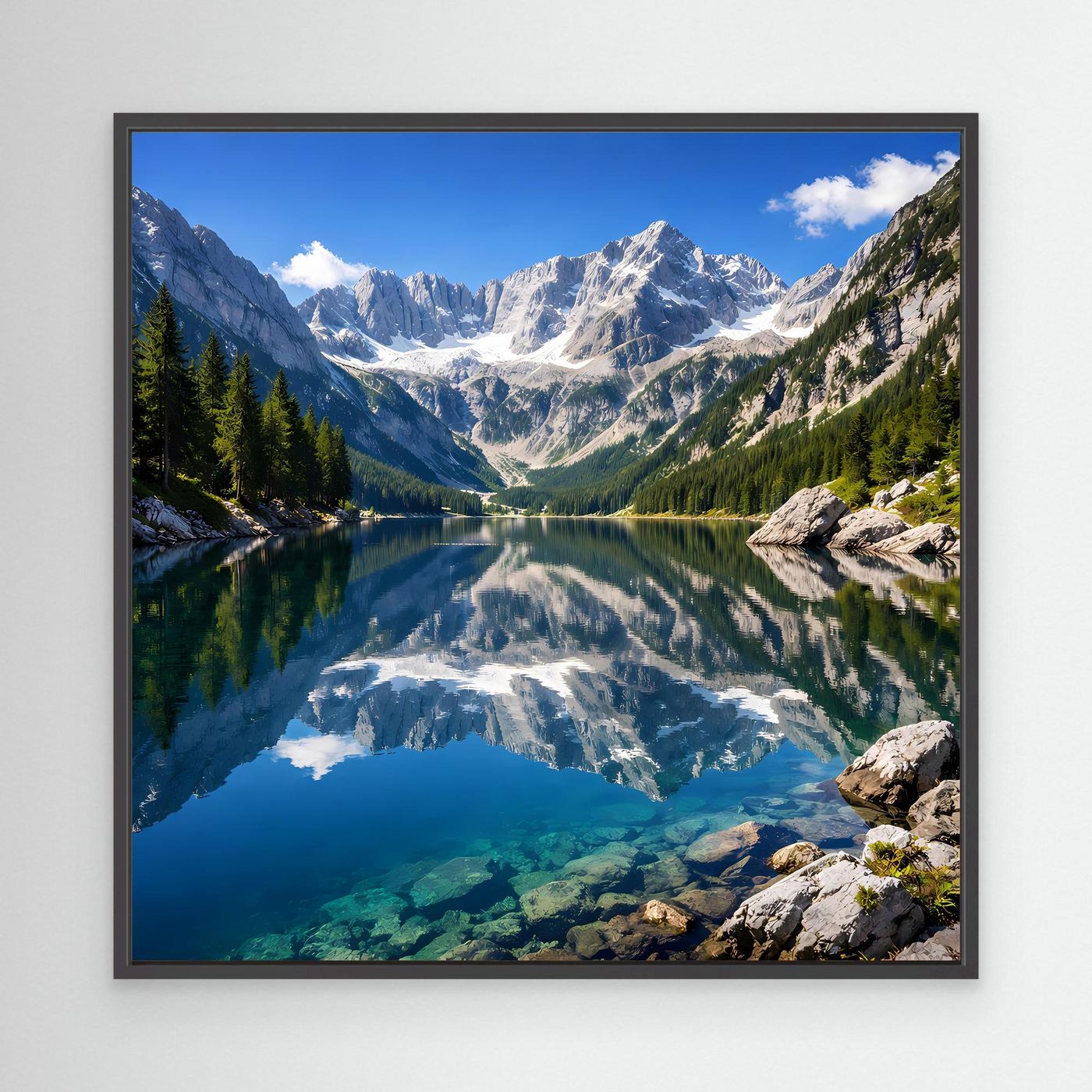 Leinwandbild mit Bergsee und Alpenpanorama im Querformat, schwarz gerahmt