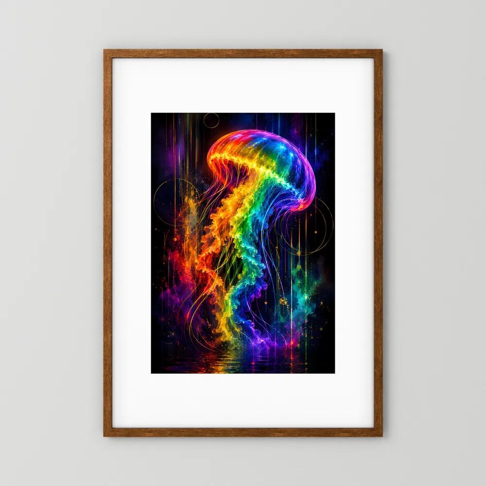 Neon-Quallen-Poster mit braunem Holzrahmen und bunter, leuchtender Quallenfigur