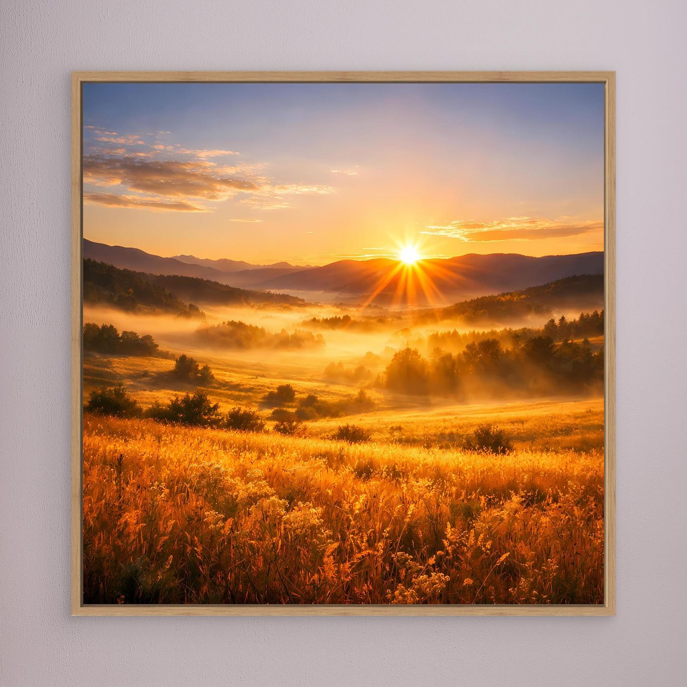 Leinwandbild mit Sonnenaufgang über goldenem Bergtal, brauner Holzrahmen