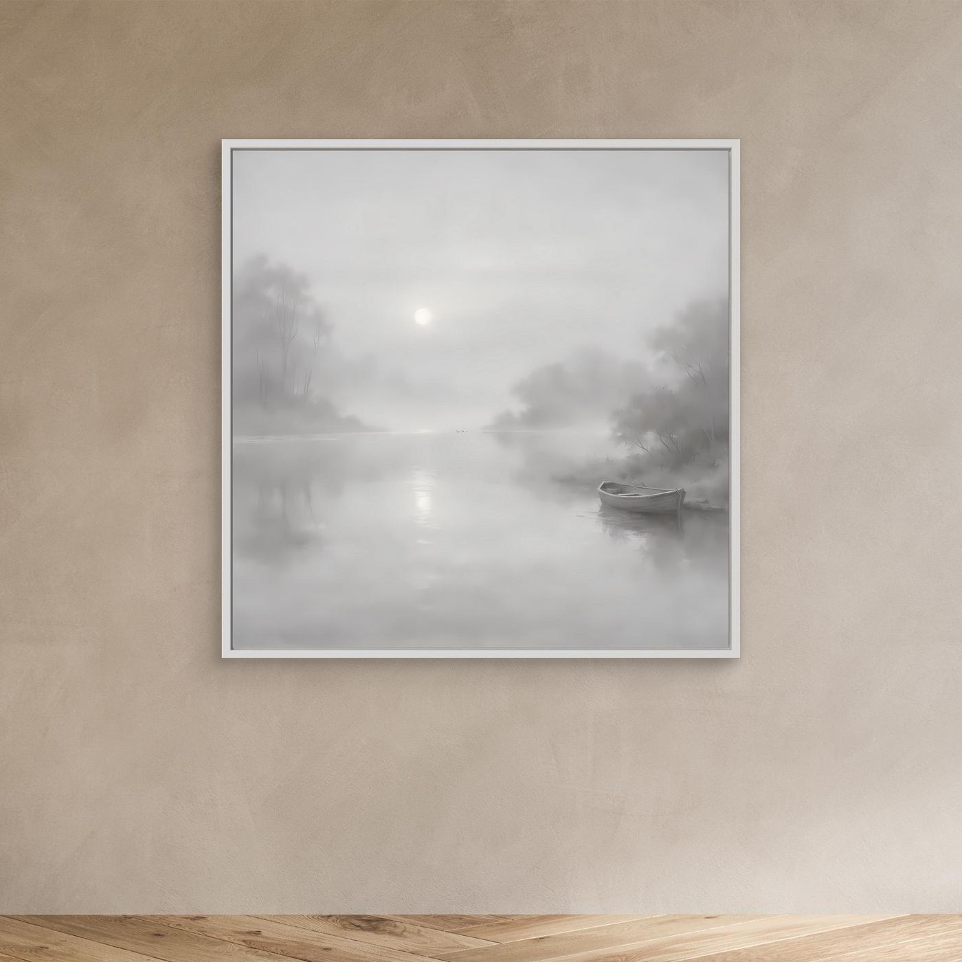 Leinwandbild mit nebligem Flussmotiv in Grau, quadratisch, weißer Rahmen