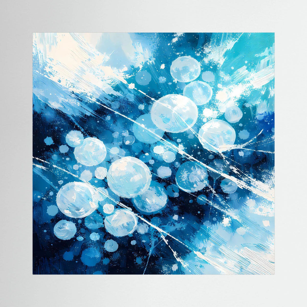 Abstraktes Wandbild: blaue Eisbläschen, versprengte Lichtkreise und weiße Striche