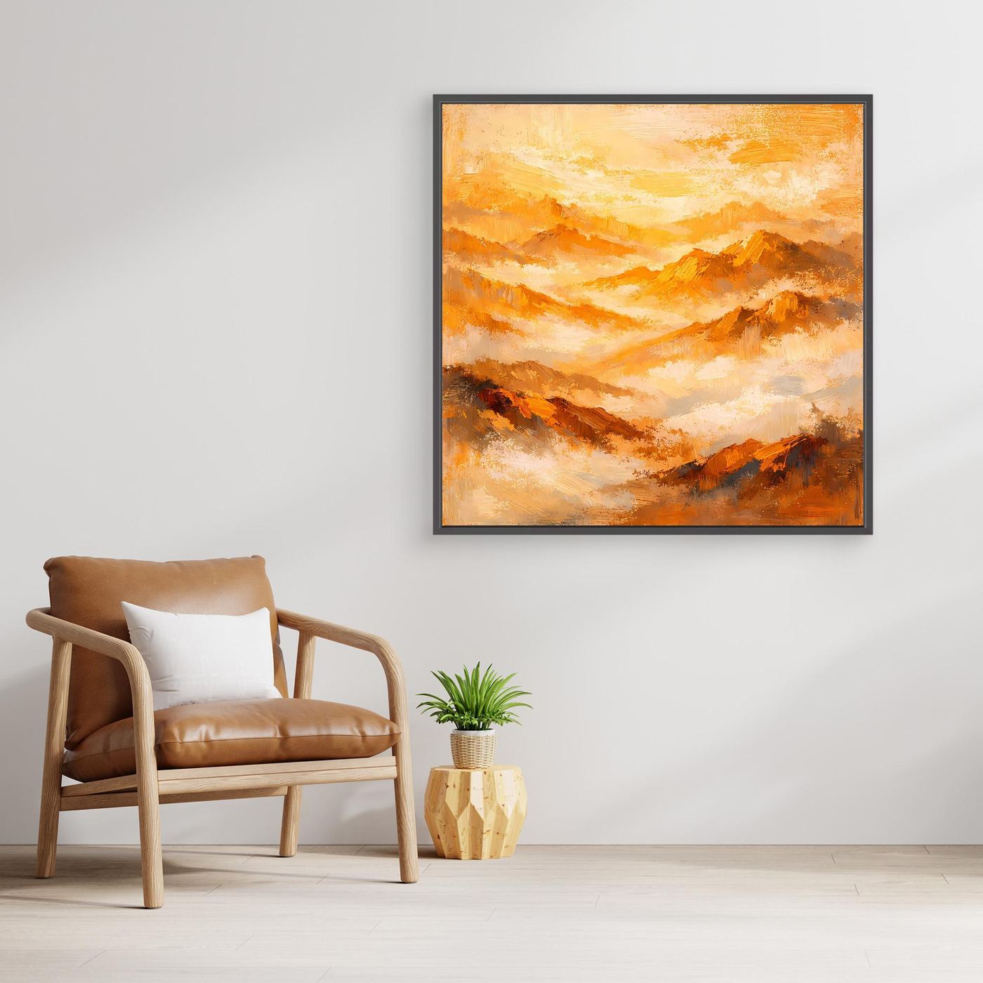 Gerahmtes Leinwand-Wandbild mit abstrakten Bergen in Gold, Orange und Braun, quadratisch