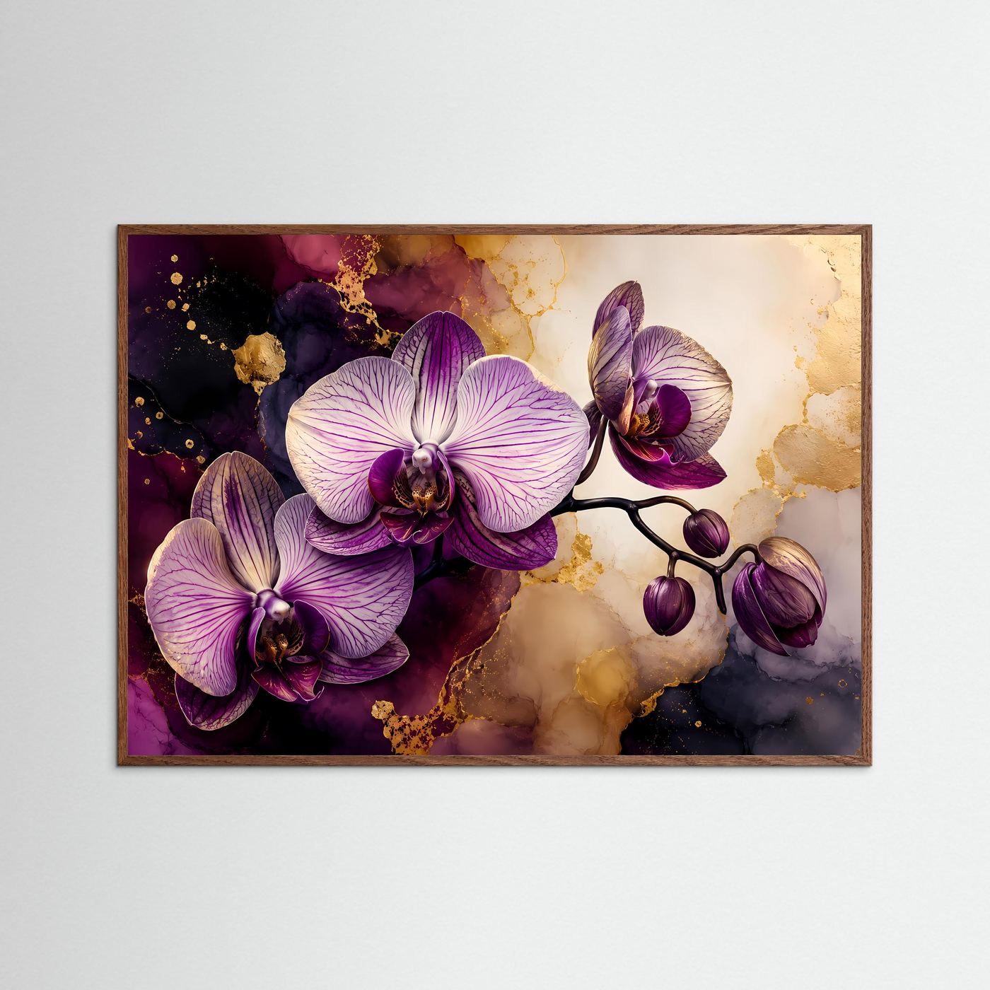 Orchideen Poster Querformat | Elegante Orchideen Wandkunst in Violett, Creme & Gold | Modernes Blumen Wandbild
