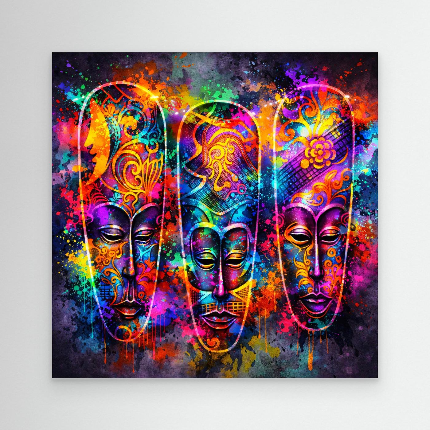 Gerahmtes Leinwandbild mit drei bunten Neon-Masken im abstrakten Stil
