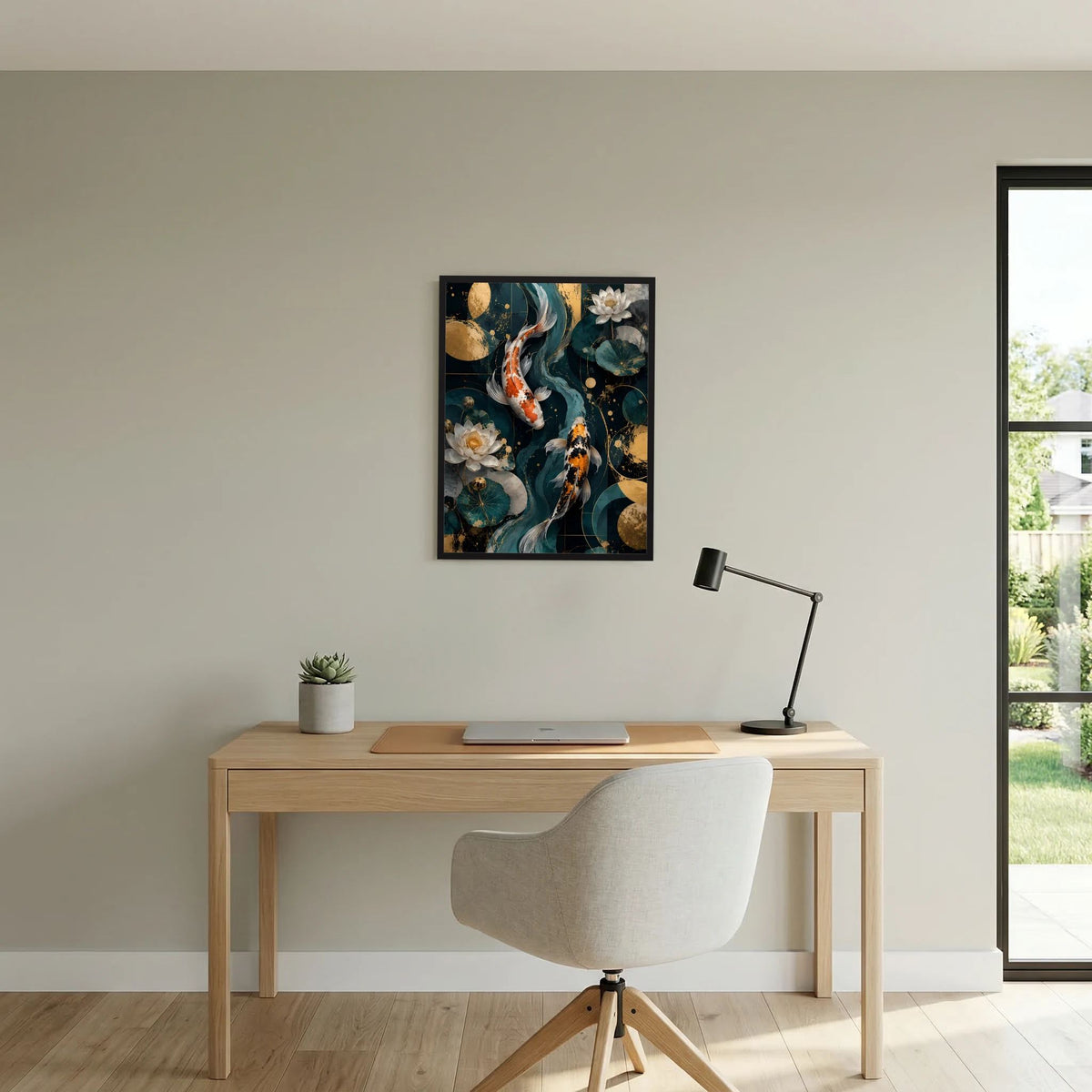 Wandposter im Hochformat mit Koi-Fischen und Lotusblüten in Petrol und Gold, schwarzer Rahmen