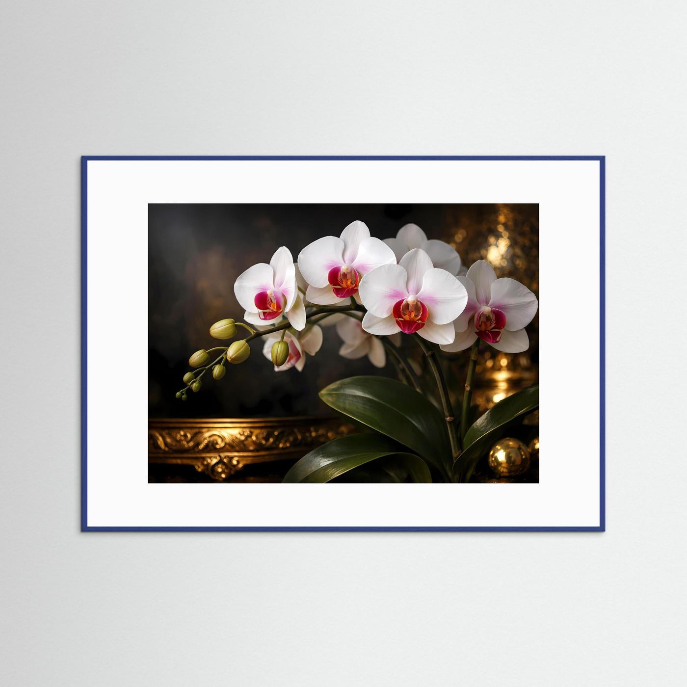 Blumenposter im Querformat mit weißen Orchideen und grünen Blättern, blauer Rahmen