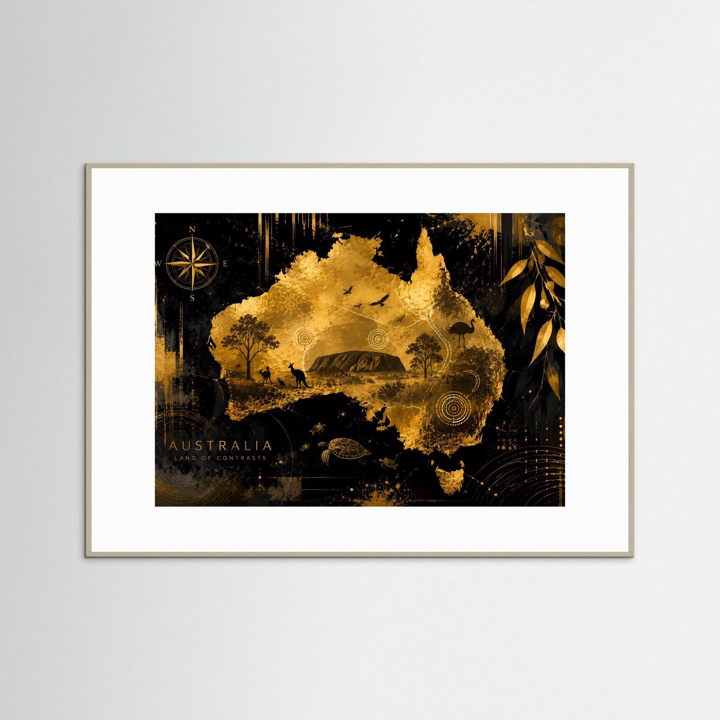 Poster Querformat mit abstrakter Australienkarte in Schwarz und Gold, grau-braune Einfassung