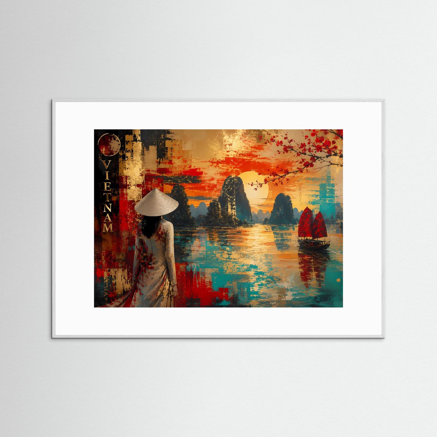 Gerahmtes Kunstposter Querformat mit weißem Rahmen: Frau mit Hut vor Sonnenaufgang über Wasser.