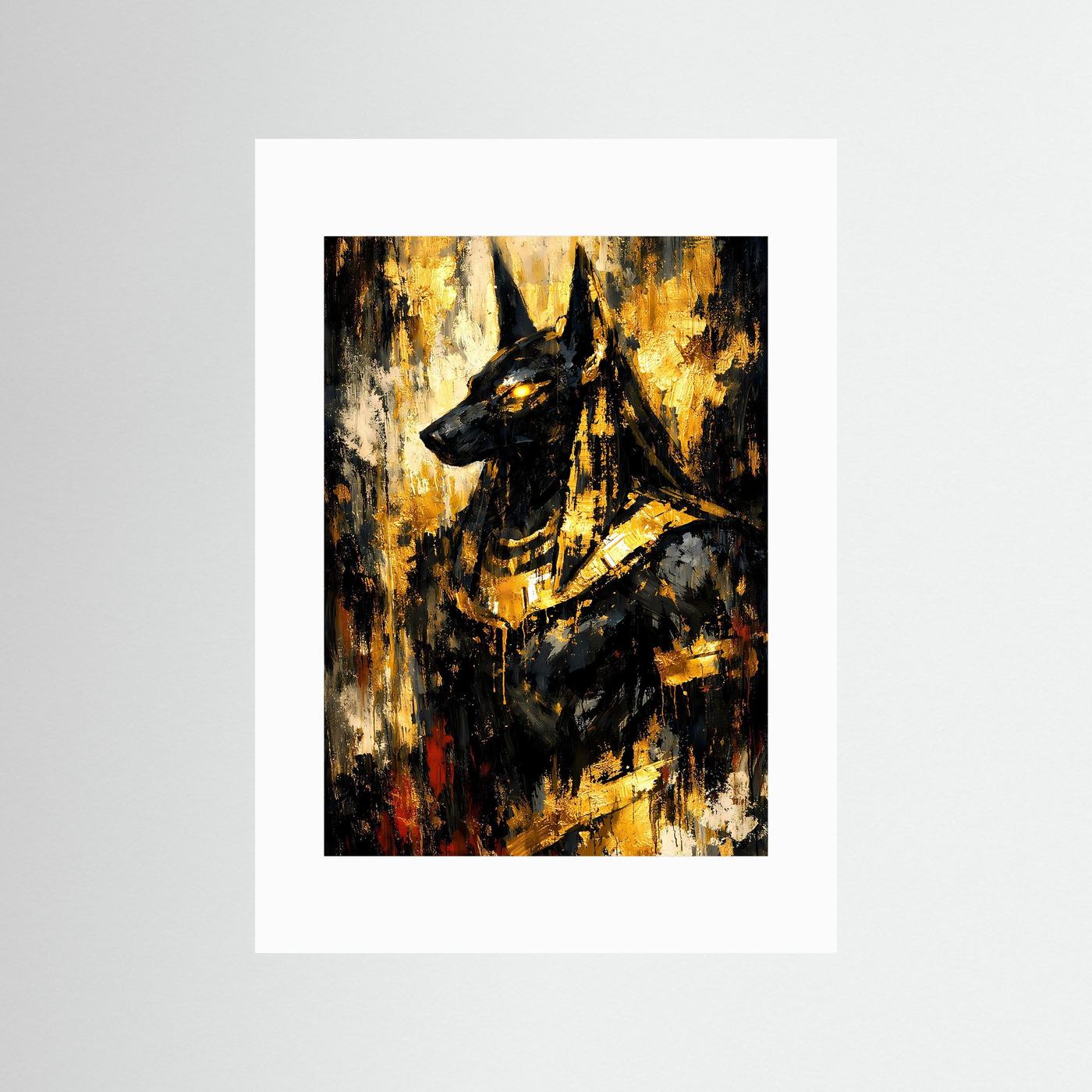Abstraktes Anubis-Ägyptenposter mit weißem Rand, goldene und schwarze Farbflächen