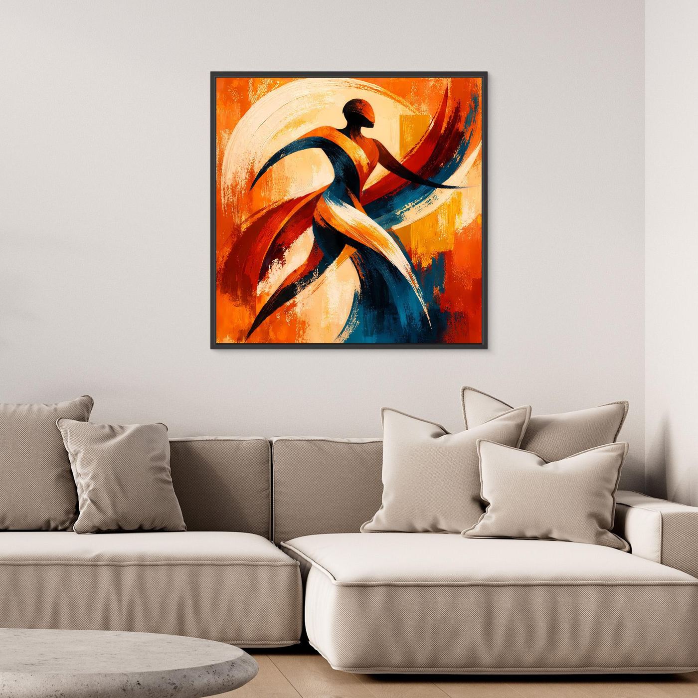Leinwandbild mit abstrakter Tänzer-Silhouette in Orange, Blau und Rot, dunkel gerahmt.