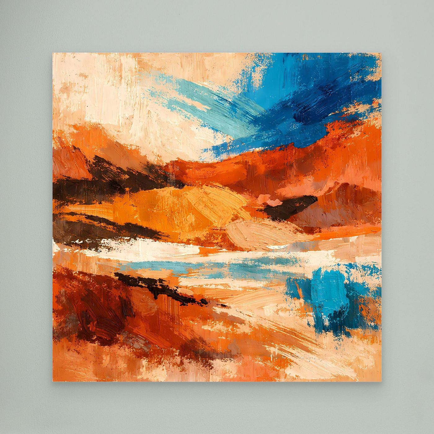 Wandbild mit abstraktem Canyon-Motiv, orange und blau, ohne sichtbaren Rahmen