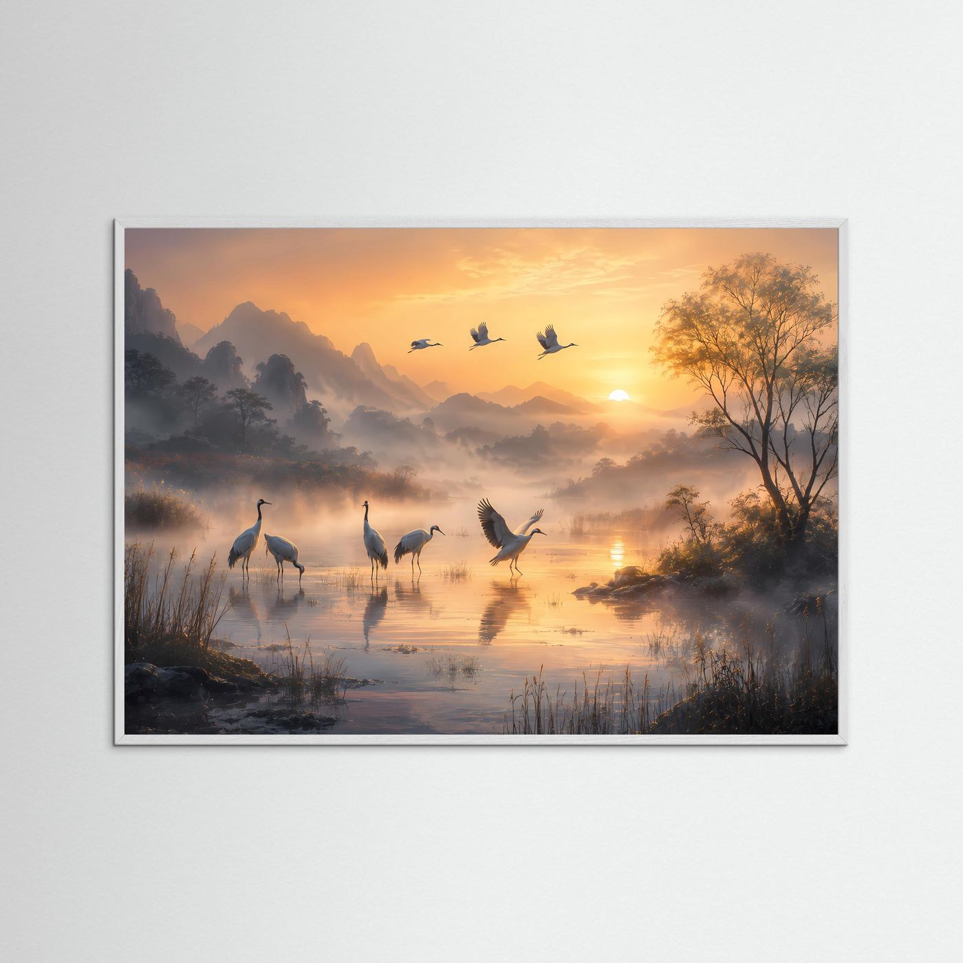 Kraniche im Morgennebel | Harmonisches Landschafts-Wandbild mit Sonnenaufgang