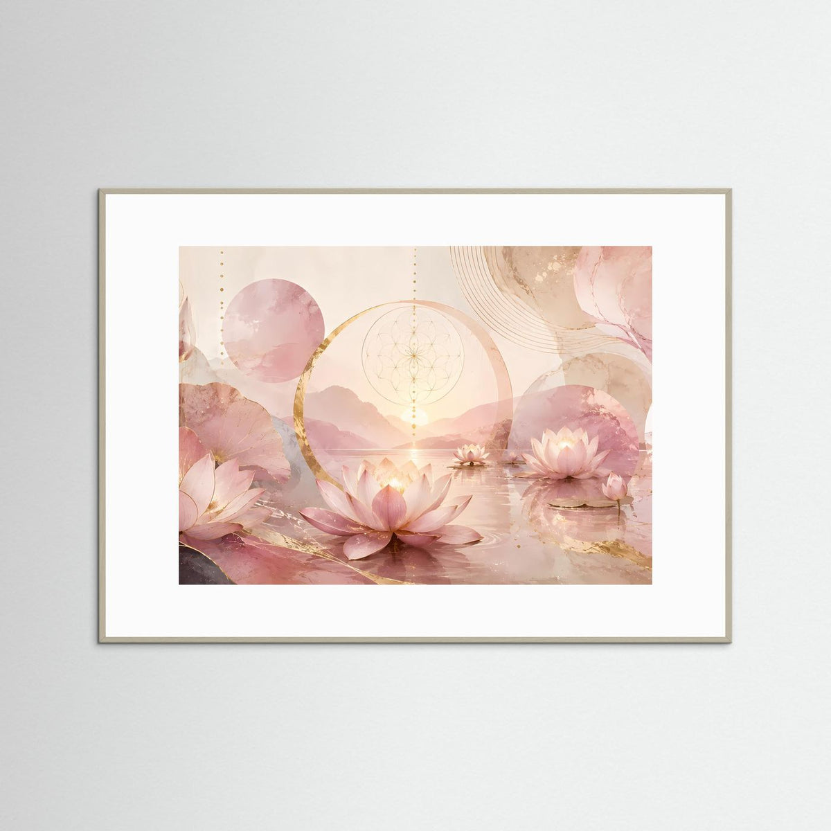Gerahmtes Querformat-Poster mit rosa Lotusblüten, goldenen Akzenten und geometrischen Linien