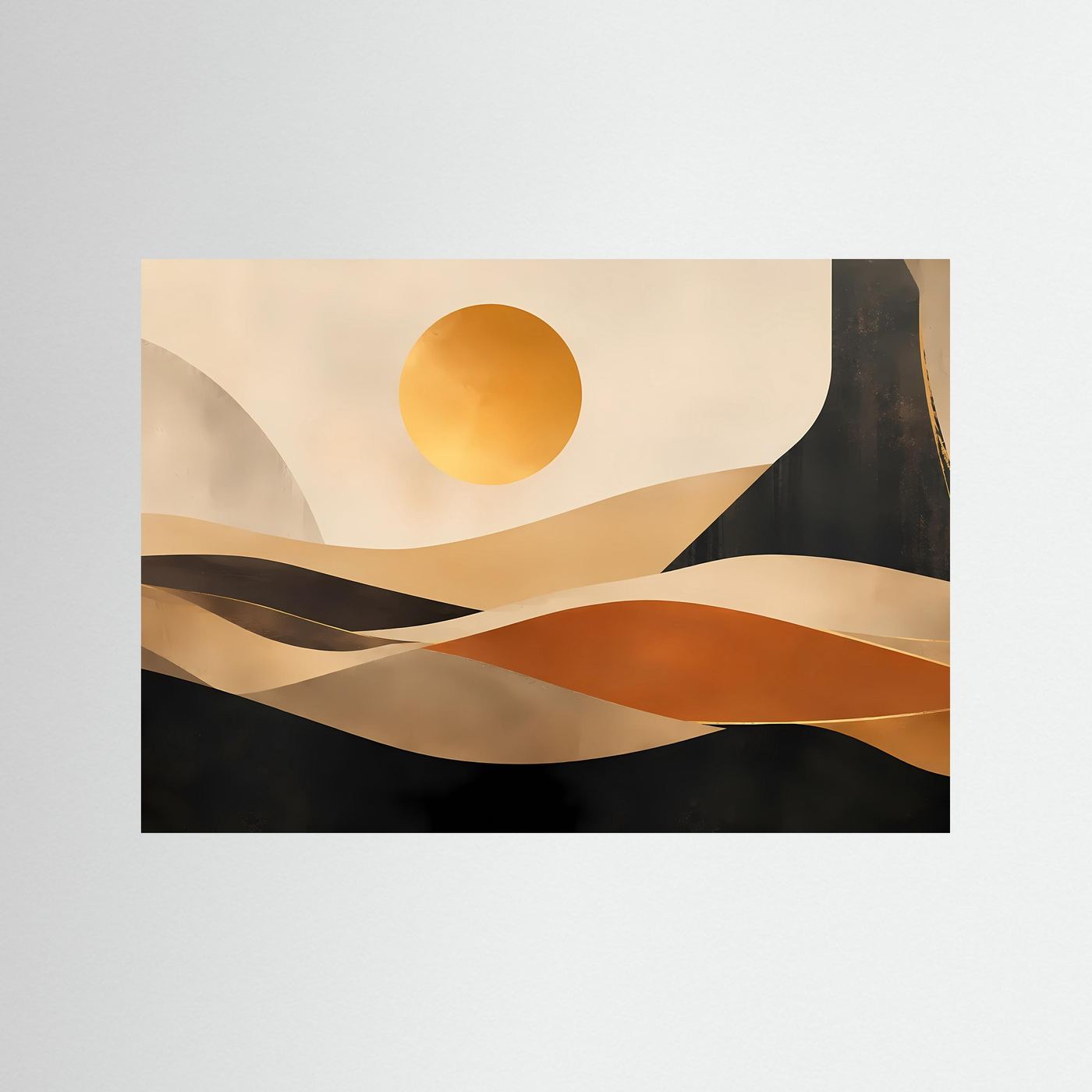Abstraktes Wüstenlandschafts-Poster mit Sonne und Dünen in Beige, Schwarz und Terrakotta