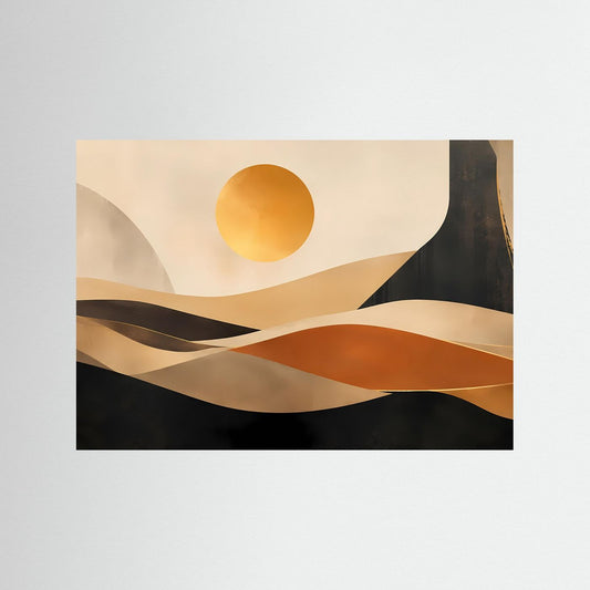 Abstraktes Wüstenlandschafts-Poster mit Sonne und Dünen in Beige, Schwarz und Terrakotta
