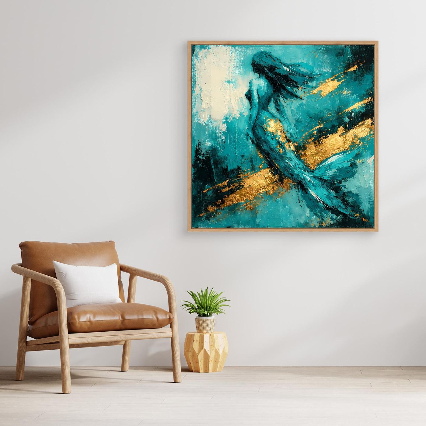 Leinwand Elegante Meerjungfrau in Türkis | Abstraktes Nixen Wandbild Gold Blau