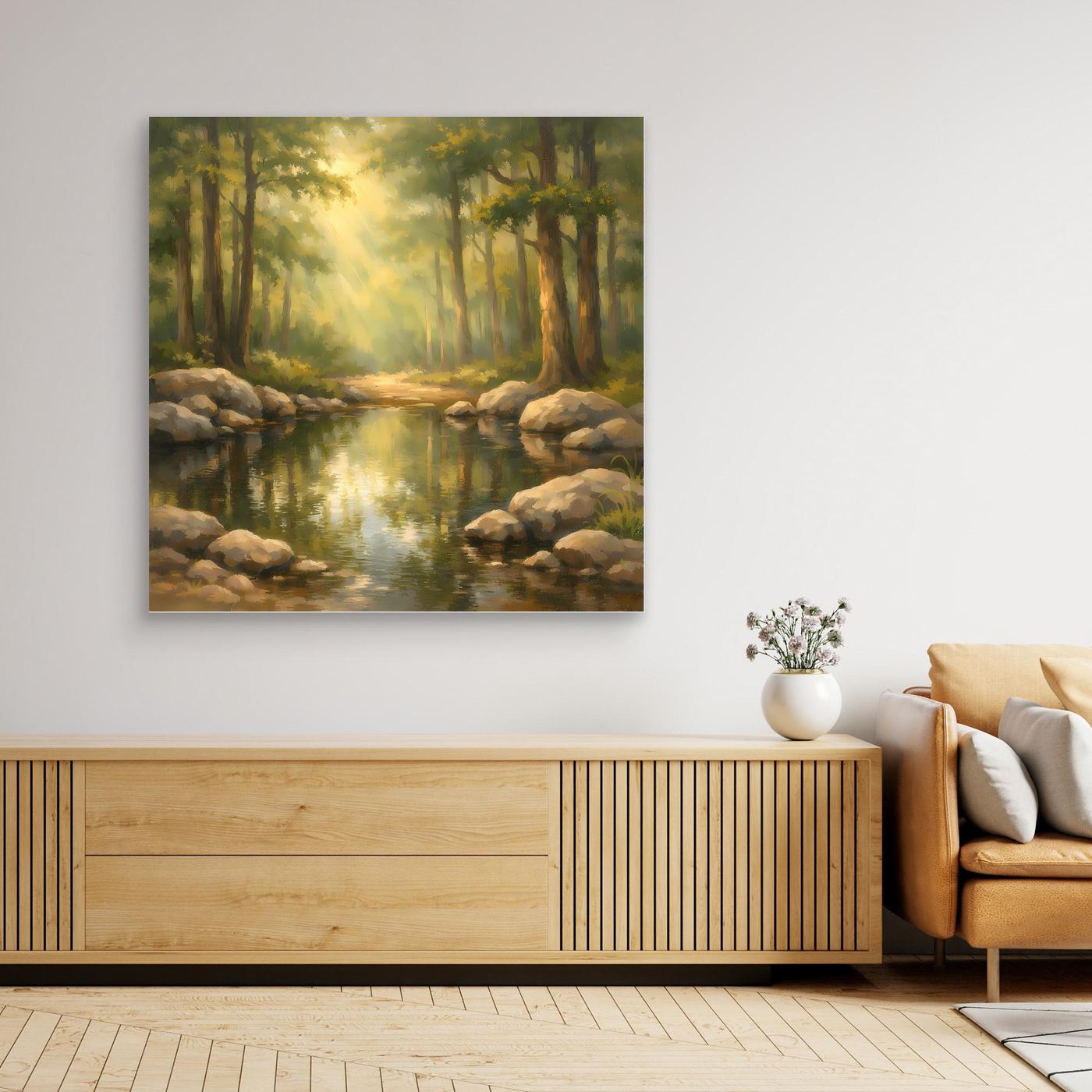 Gerahmtes Leinwandbild mit Waldlandschaft und Bach im Sonnenlicht, Steine am Ufer.