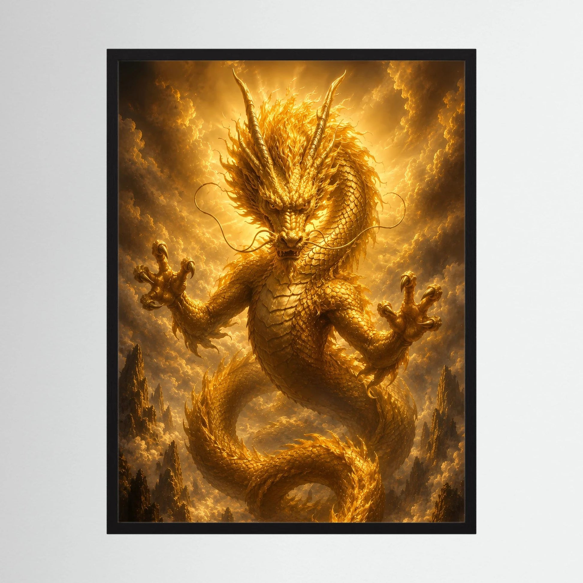 Poster im Hochformat: goldener chinesischer Drache in dunklem Rahmen