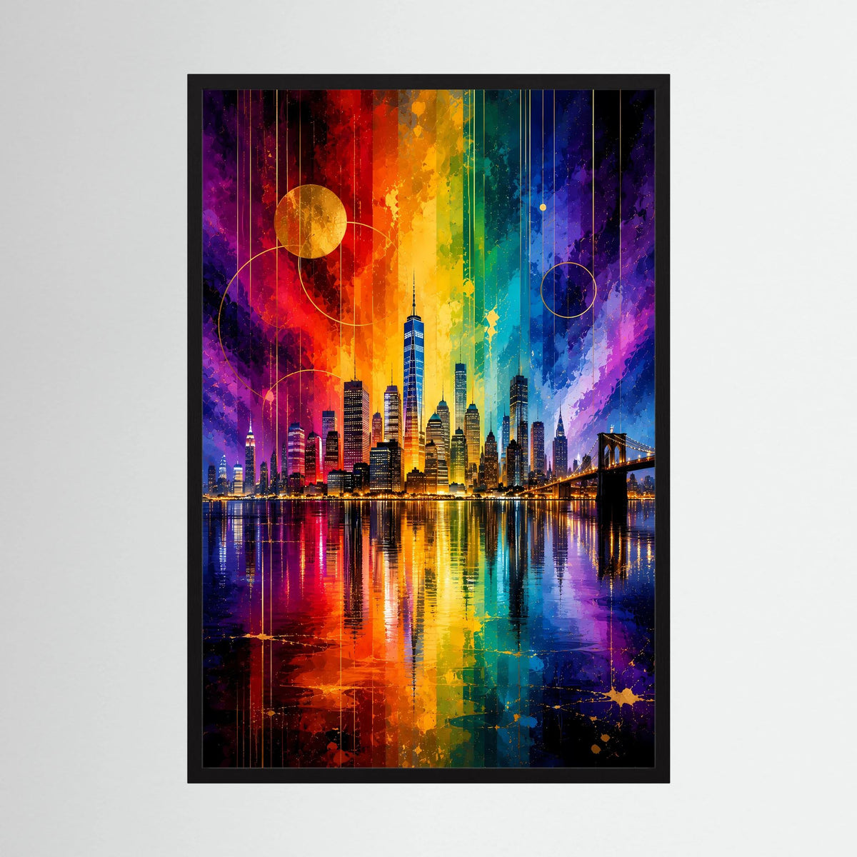 Abstraktes Skyline-City-Poster mit Regenbogenfarben, schwarzer Rahmen und leuchtende Reflexionen
