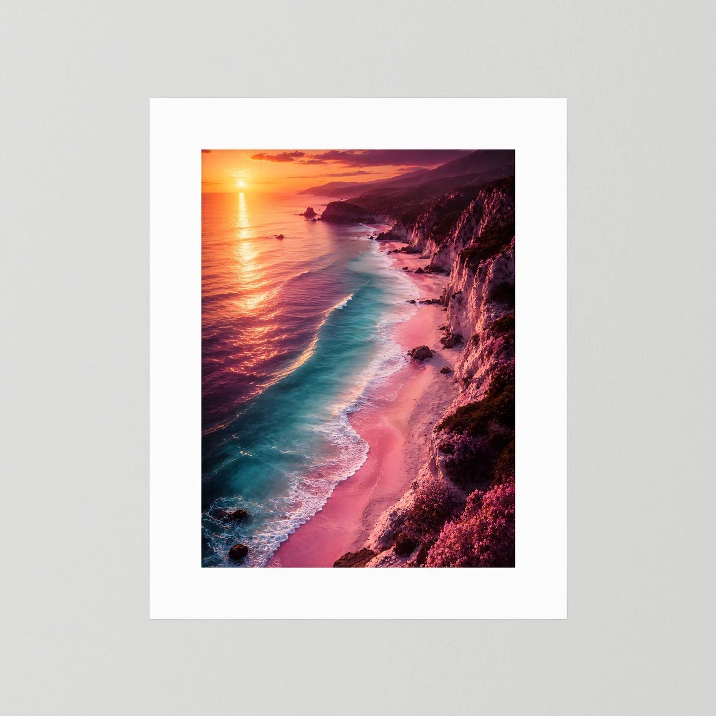 Hochformat-Poster Sonnenuntergangsküste mit Meer und Strand, ohne Rahmen