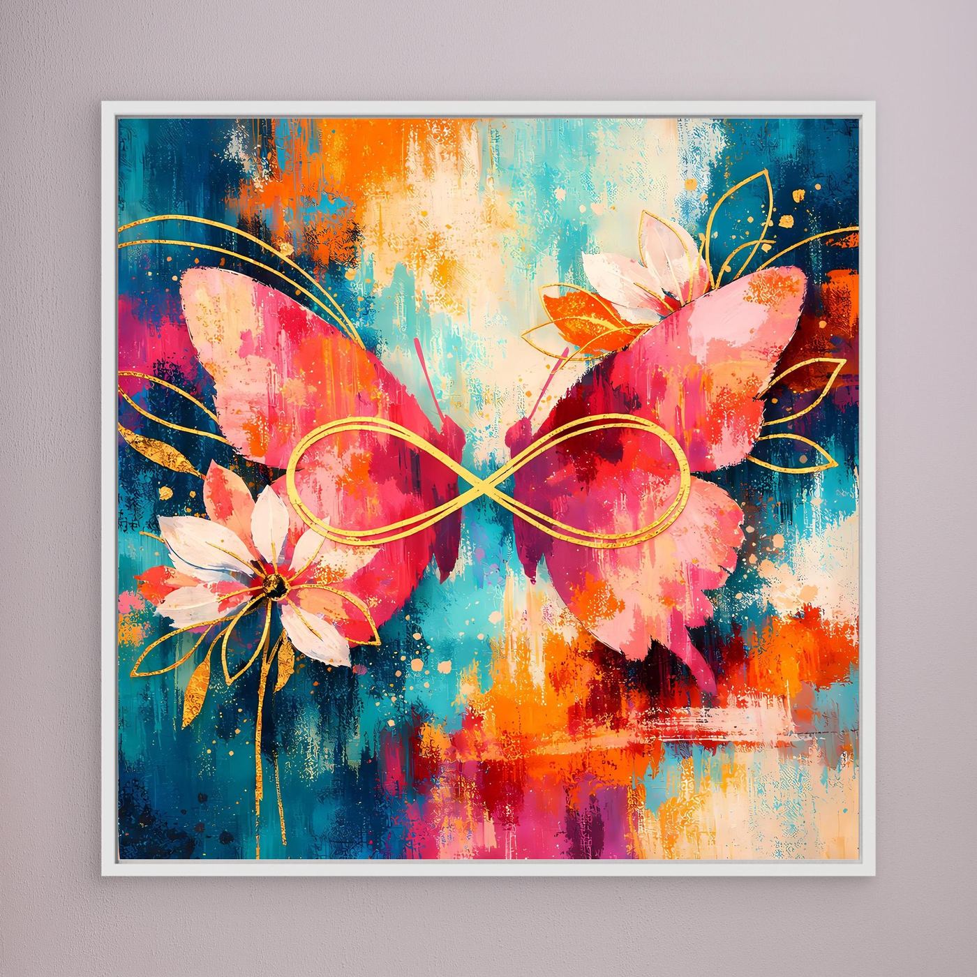 Abstraktes Leinwandbild mit Schmetterlingen, Blüten und Unendlichkeitszeichen, mit weißem Rahmen.