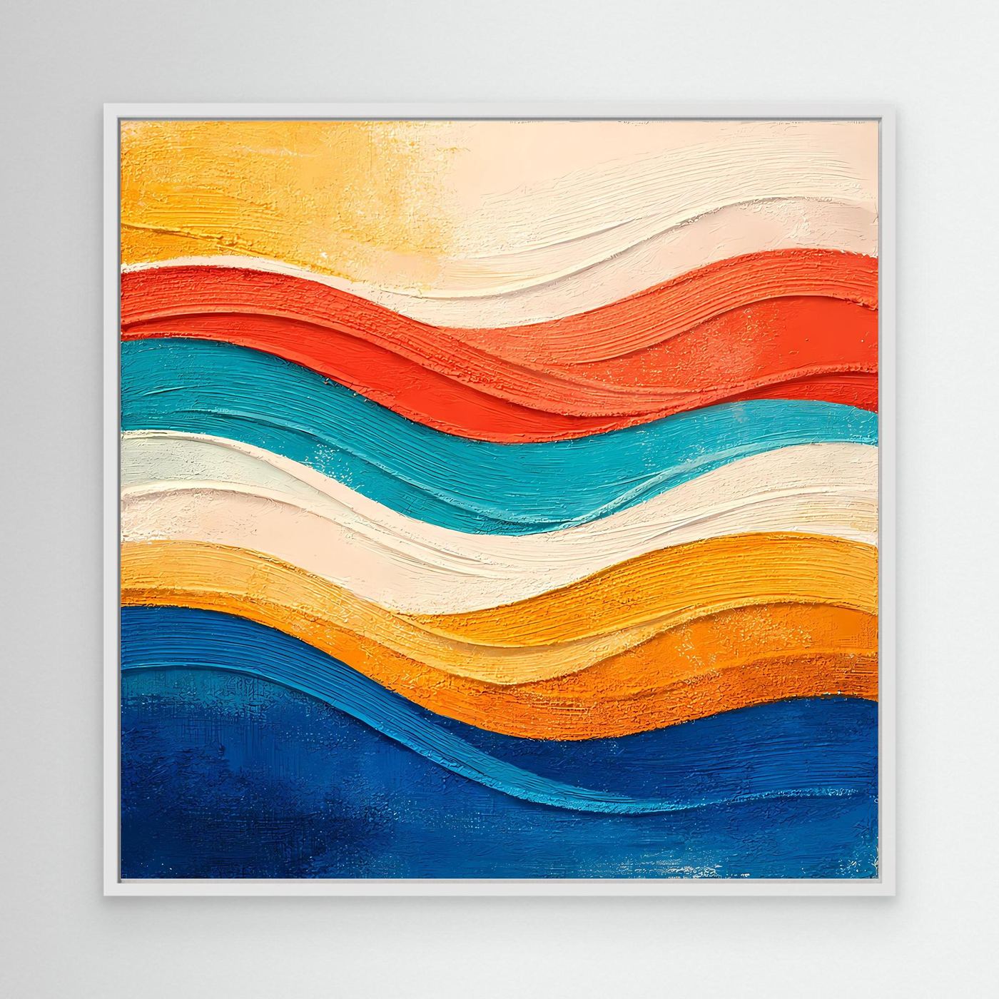Abstraktes Leinwand-Wandbild mit Relief-Wellen in Gelb, Rot, Blau und Türkis, weiß gerahmt