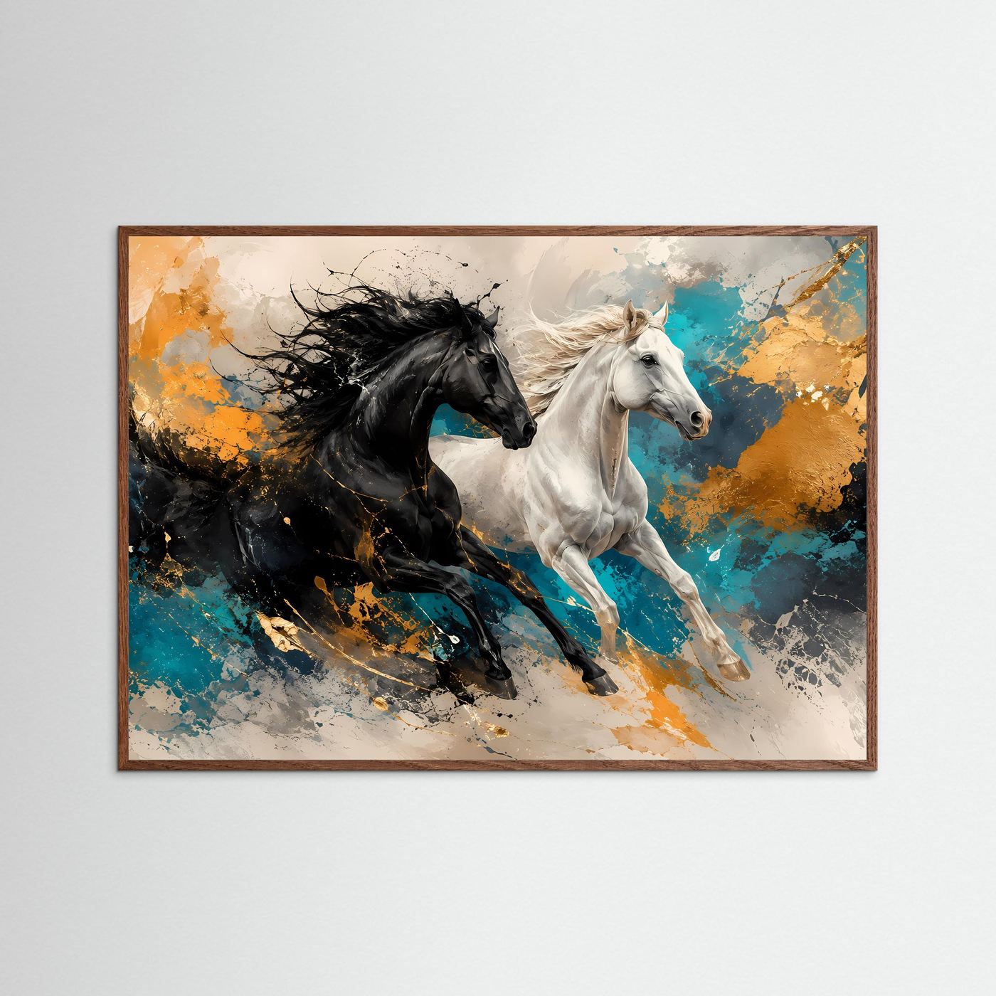 Dynamik in Perfektion | Abstraktes Pferde & Galopp Poster mit Gold- und Ozean-Akzenten