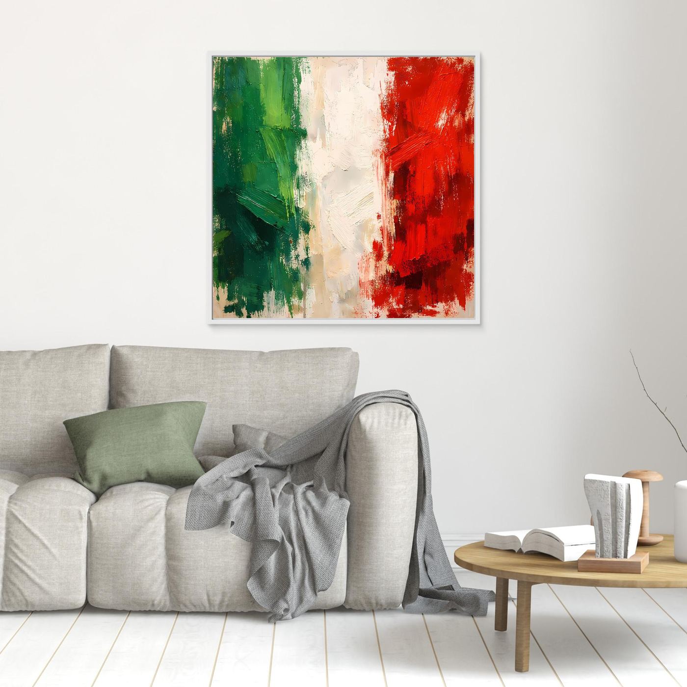 Abstract Italian flag wall canvas with light frame, green white and red strokes