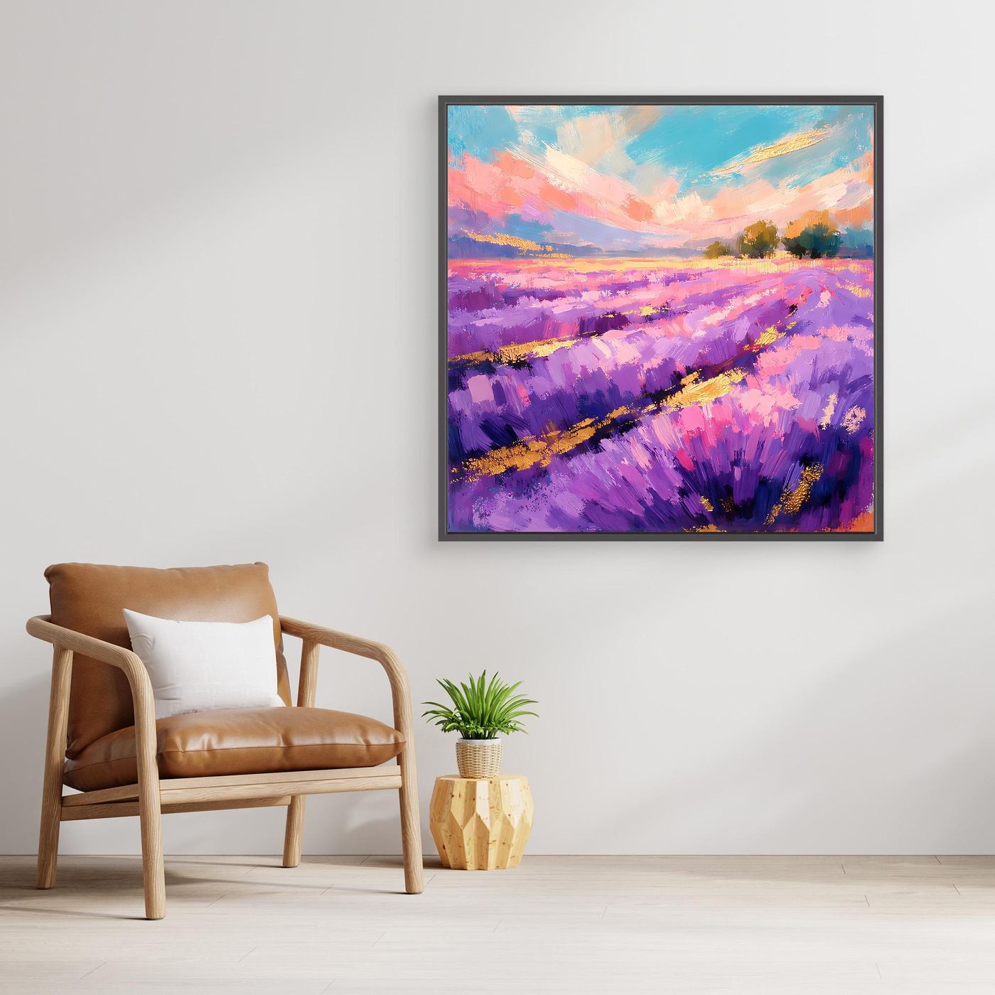 Gerahmtes Leinwandbild mit violettem Lavendelfeld und warmen Goldtönen entlang des Weges