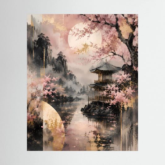 Hochformat-Poster mit Kirschblüten, Mond und Tempel am See in Rosa und Gold