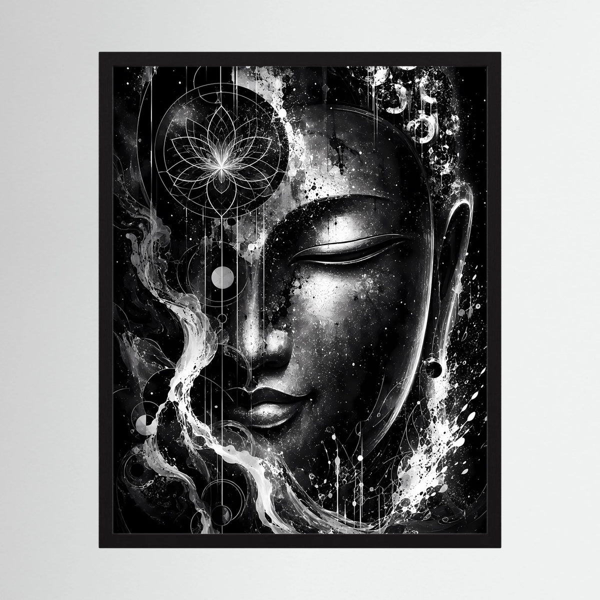 Hochformat-Poster mit Buddha-Gesicht in Schwarzweiß, in schwarzem Rahmen