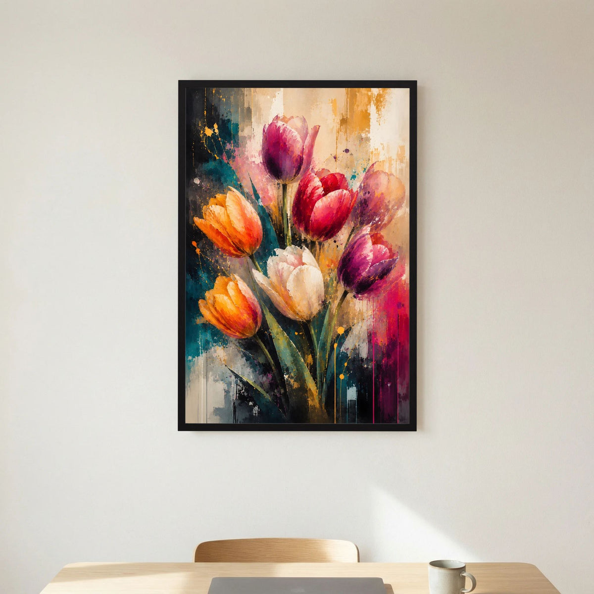 Gerahmtes Kunstposter mit abstrakten Tulpen in Pink, Orange und Violett, schwarzer Rahmen