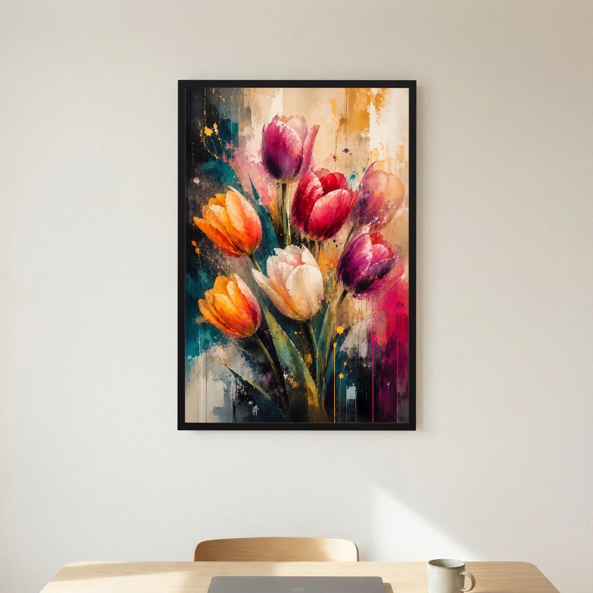 Gerahmtes Kunstposter mit abstrakten Tulpen in Pink, Orange und Violett, schwarzer Rahmen
