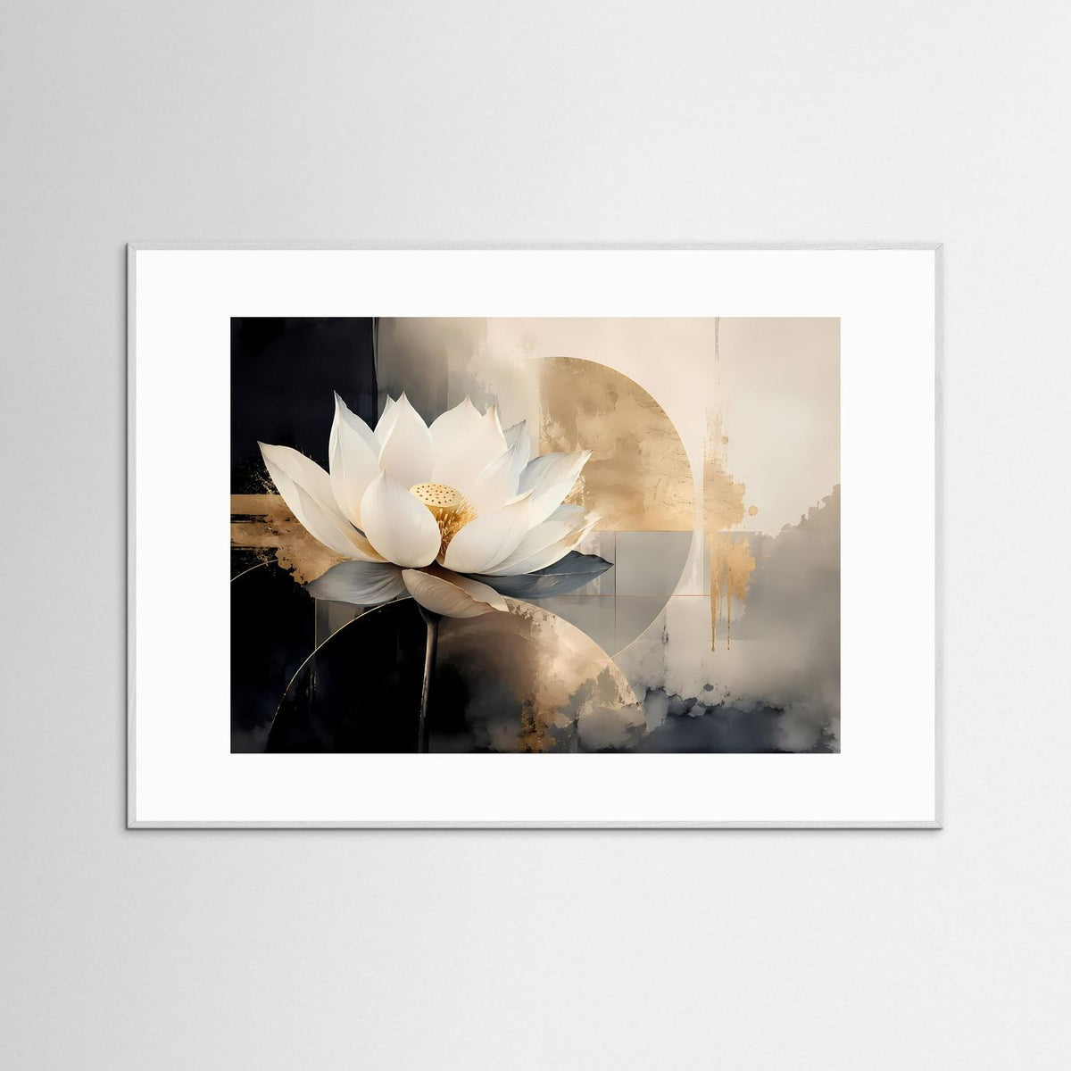 Querformat-Poster mit weißer Lotusblüte, goldener Farbfläche, Schwarz-Gold, weißer Rahmen