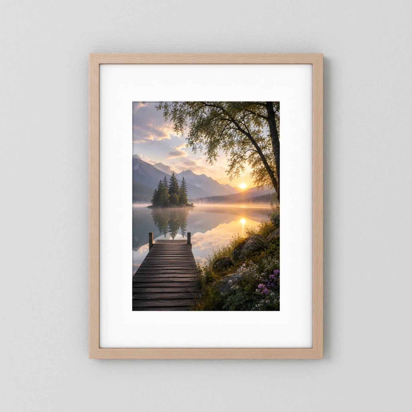 Bergsee mit Holzsteg | Sonnenuntergang in ruhiger Berglandschaft | Poster Hochformat