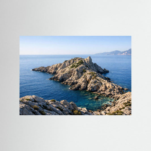 Querformatiges Küstenposter mit felsiger Halbinsel und ruhigem Meer