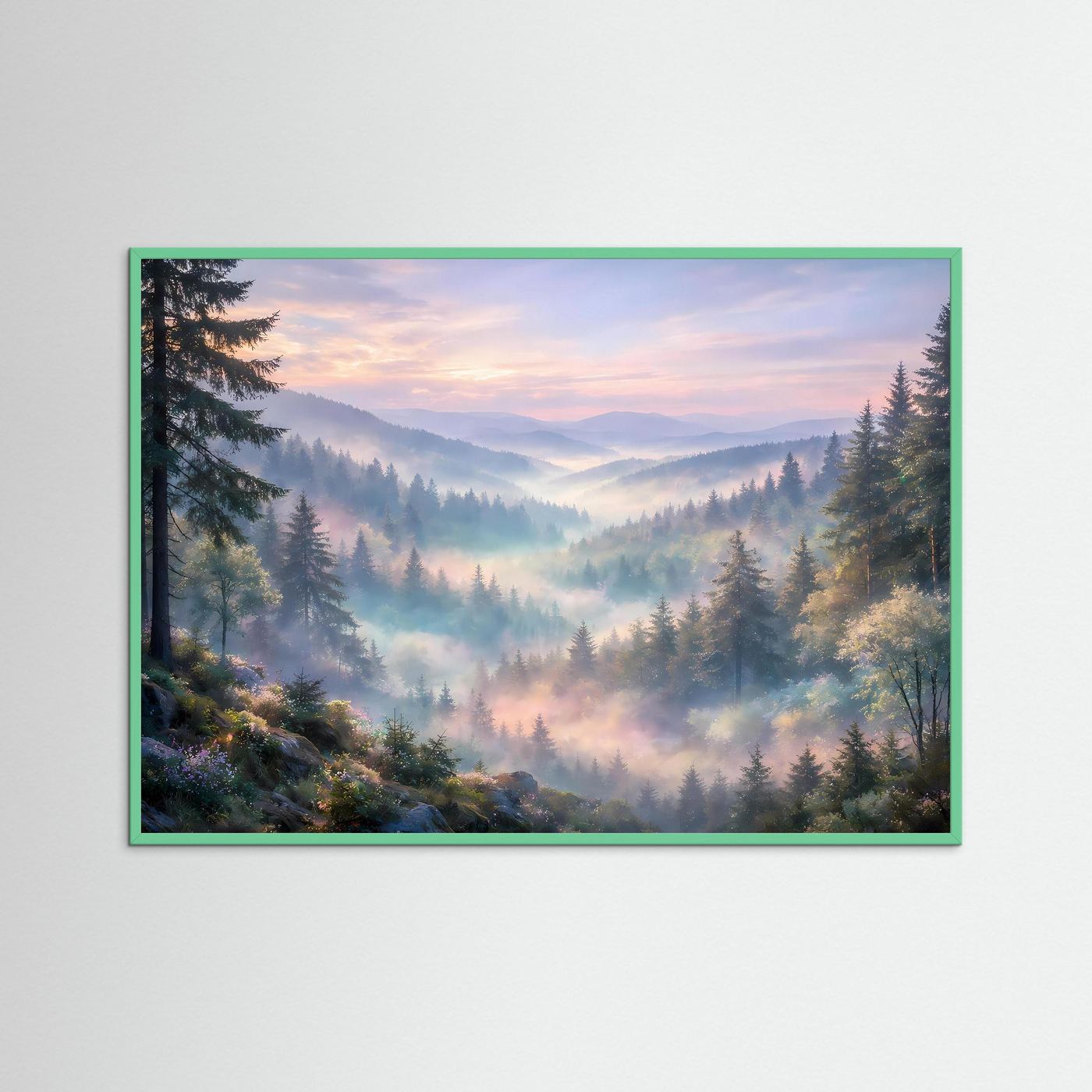 Wandposter mit Berglandschaft im Nebeltal, mit grünem Rahmen