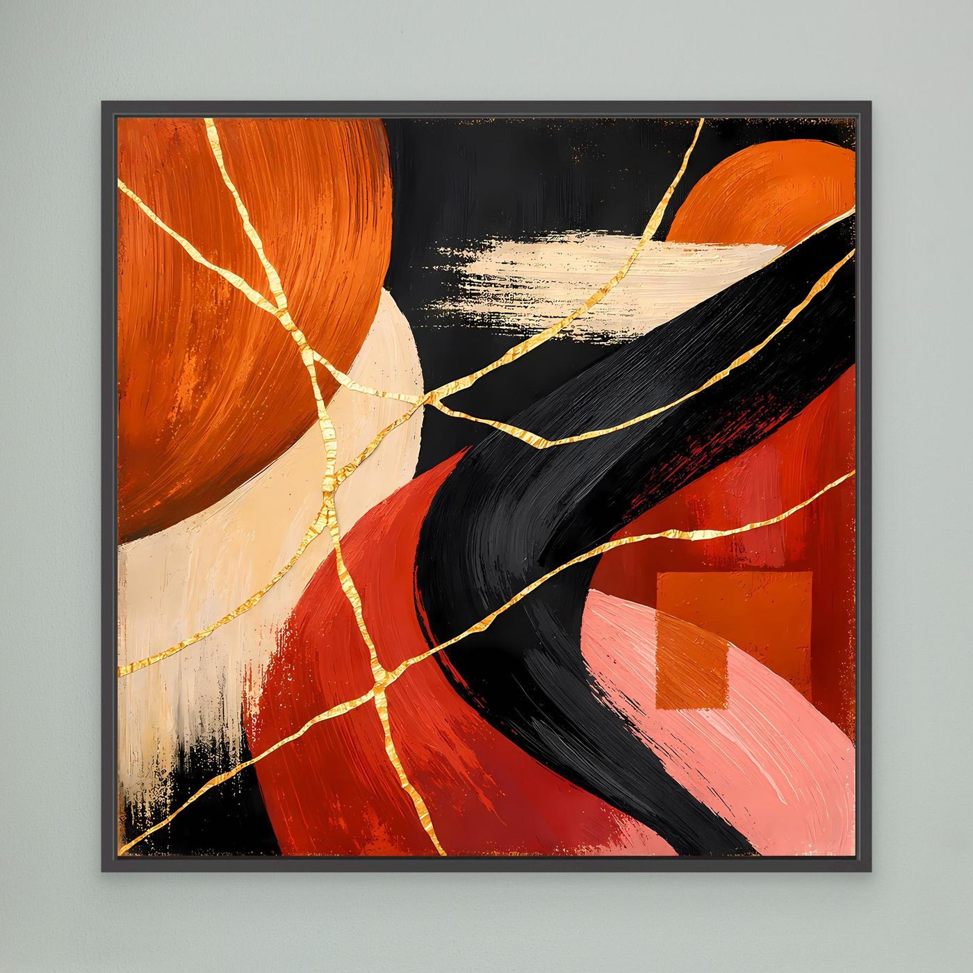 Abstraktes Leinwand-Wandbild mit Goldaderlinien, rot-schwarz-orange Wellen, schwarzer Rahmen