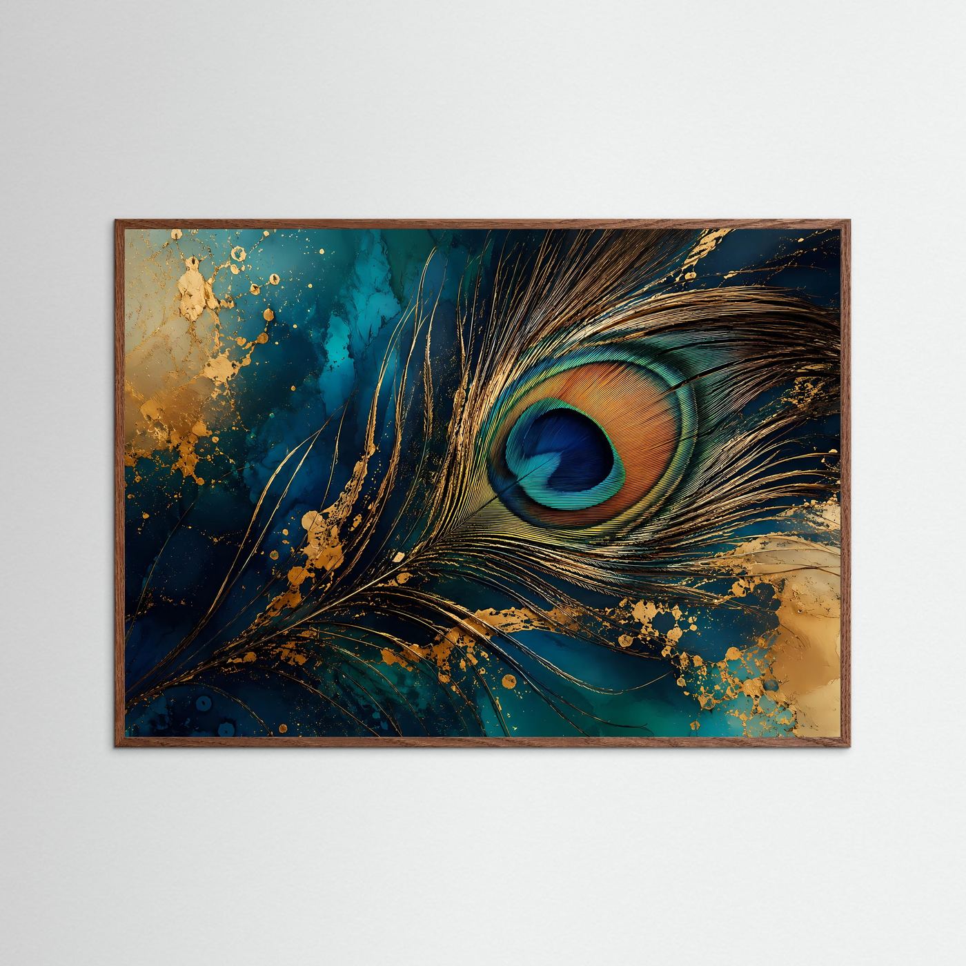 Pfauenfeder in Petrol & Gold | Luxuriöse abstrakte Wandkunst
