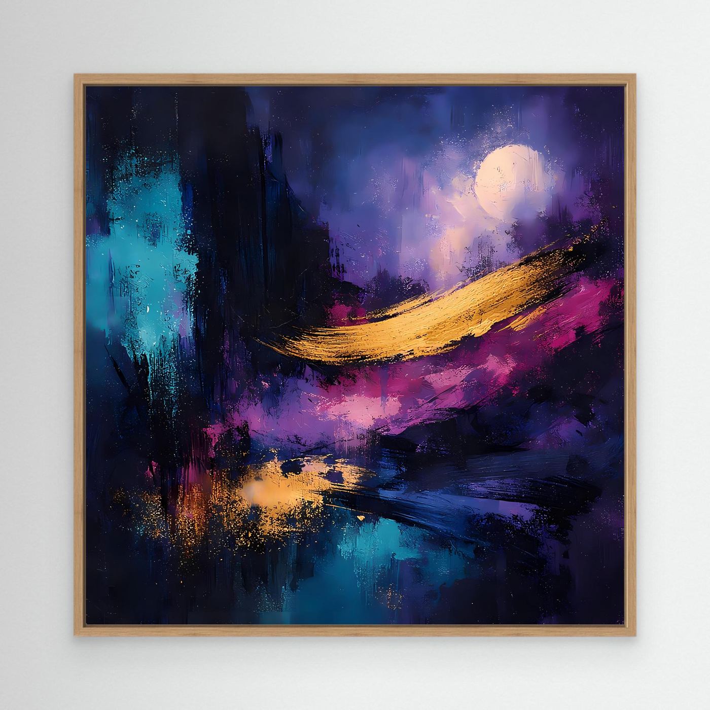Abstraktes Leinwand-Wandbild mit Vollmond, Eichenrahmen