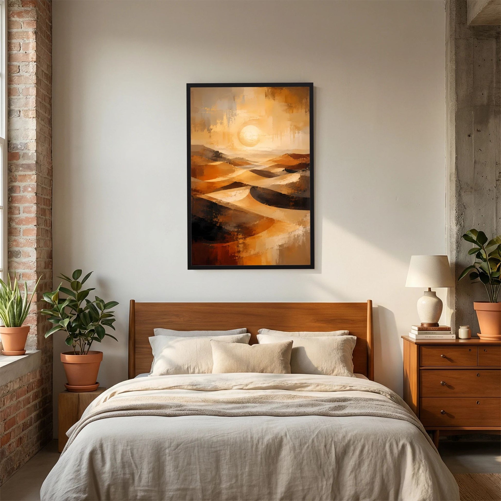 Hochformat-Wüstenkunst-Poster mit abstrakten Dünen in Gold und Orange, schwarzem Rahmen