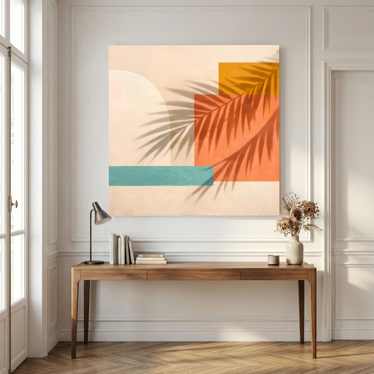 Leinwand Abstrakte Geometrie mit Palmenschatten | Modernes Boho Wandbild Terracotta