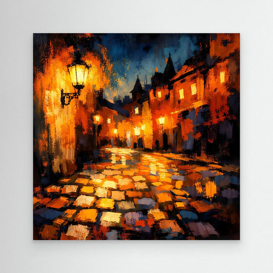 Leinwand Abstraktes Altstadt Gemälde | Modernes Romantisches Gassen Wandbild bei Nacht