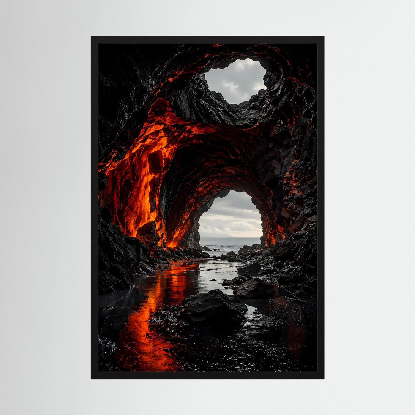 Poster im Hochformat mit schwarzem Rahmen: Lavahöhle, rote Lava in Felsbögen
